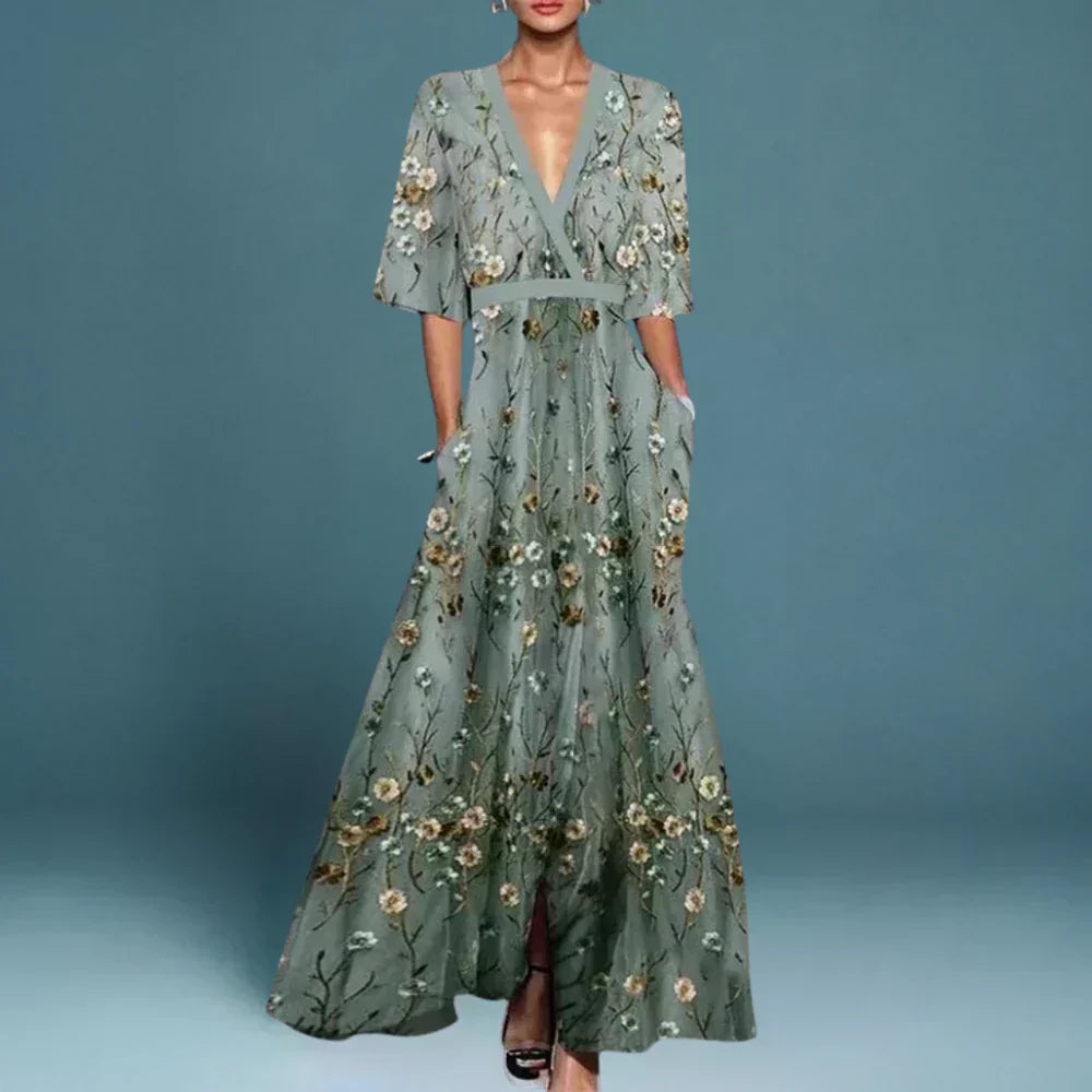 Hazel - Robe Maxi Fleurie à Col V Ceinturée