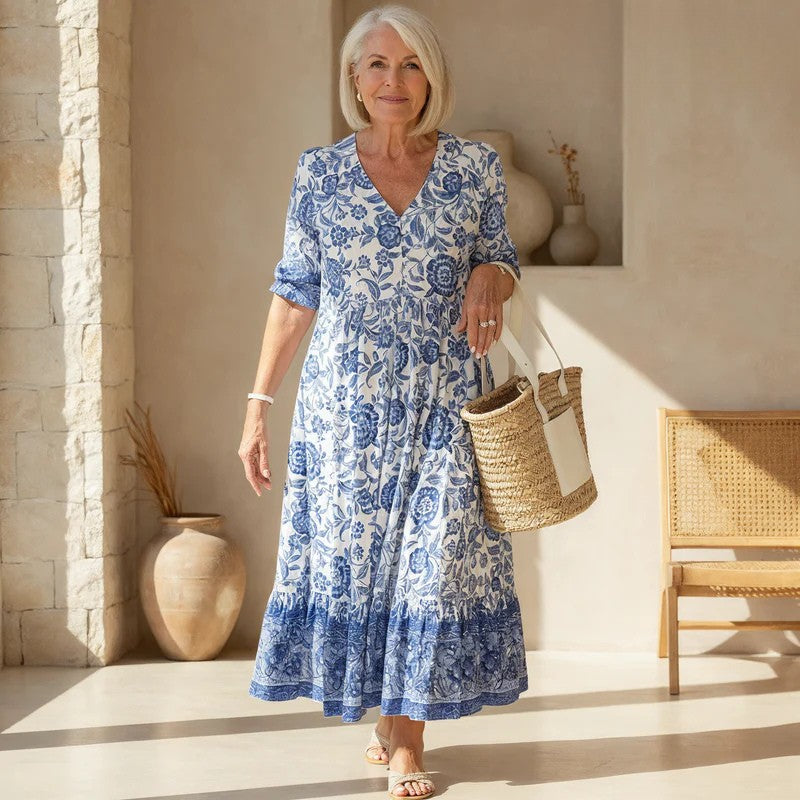 CATHY - Robe Florale Élégante avec Décolleté en V