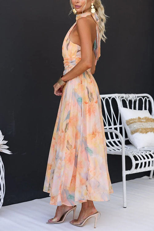 Marissa – Robe Maxi avec Col Halter et Dos Nu en Aquarelle