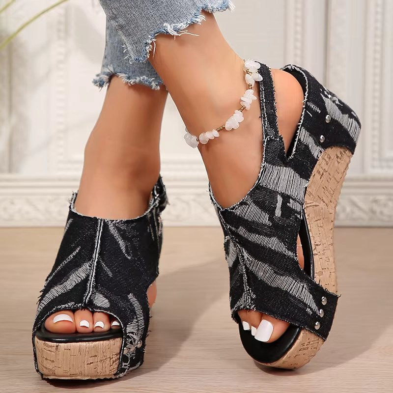 DenimLift - Sandales à Talons en Liège pour Femmes en Denim