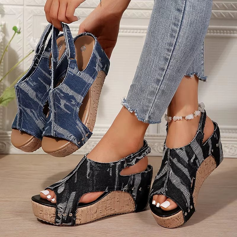 DenimLift - Sandales à Talons en Liège pour Femmes en Denim