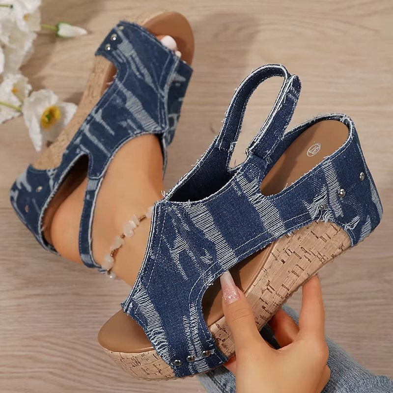 DenimLift - Sandales à Talons en Liège pour Femmes en Denim