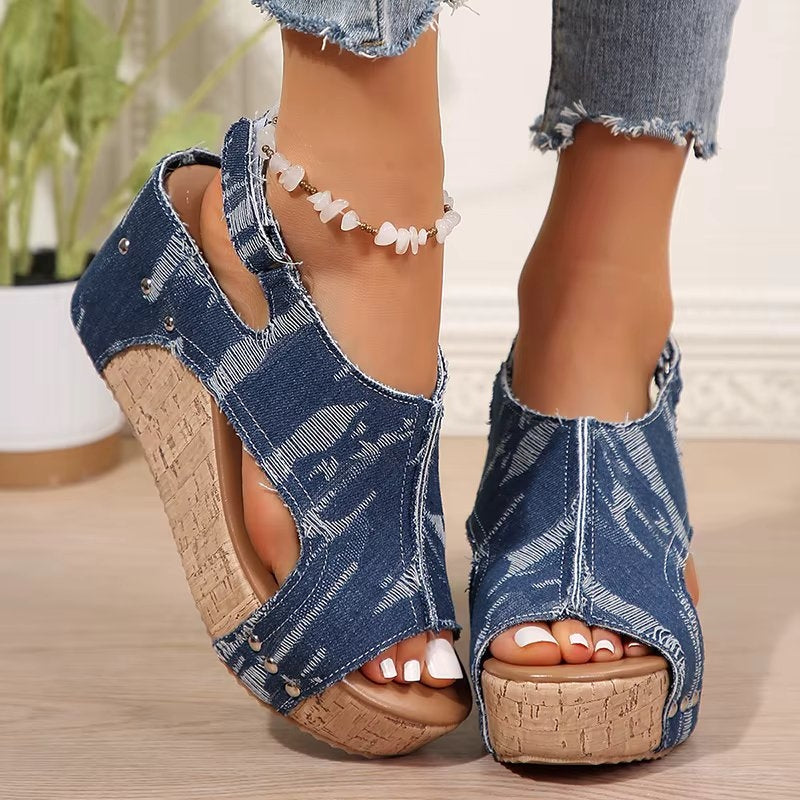 DenimLift - Sandales à Talons en Liège pour Femmes en Denim