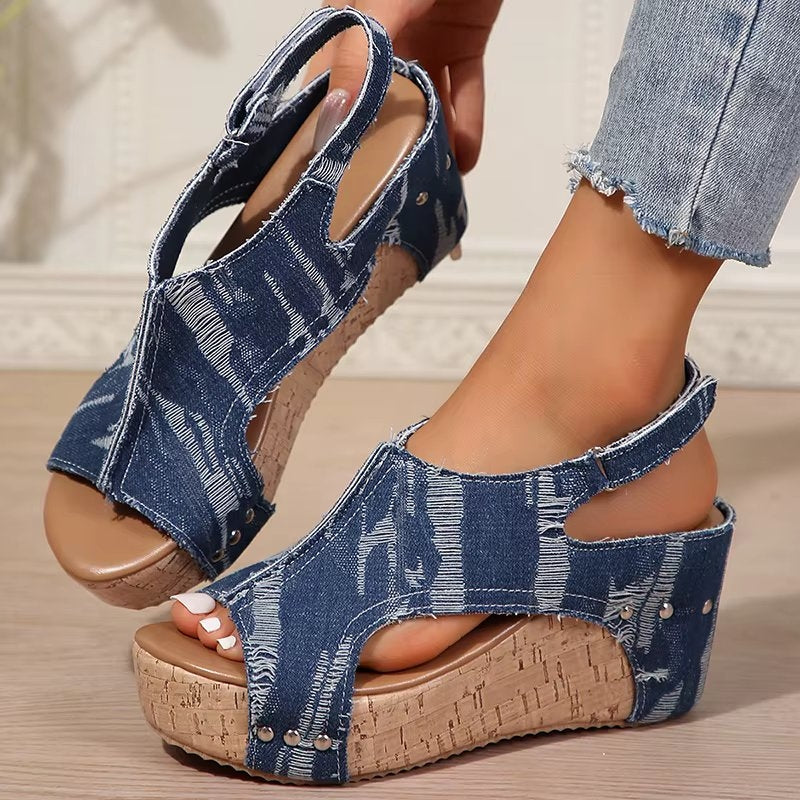 DenimLift - Sandales à Talons en Liège pour Femmes en Denim
