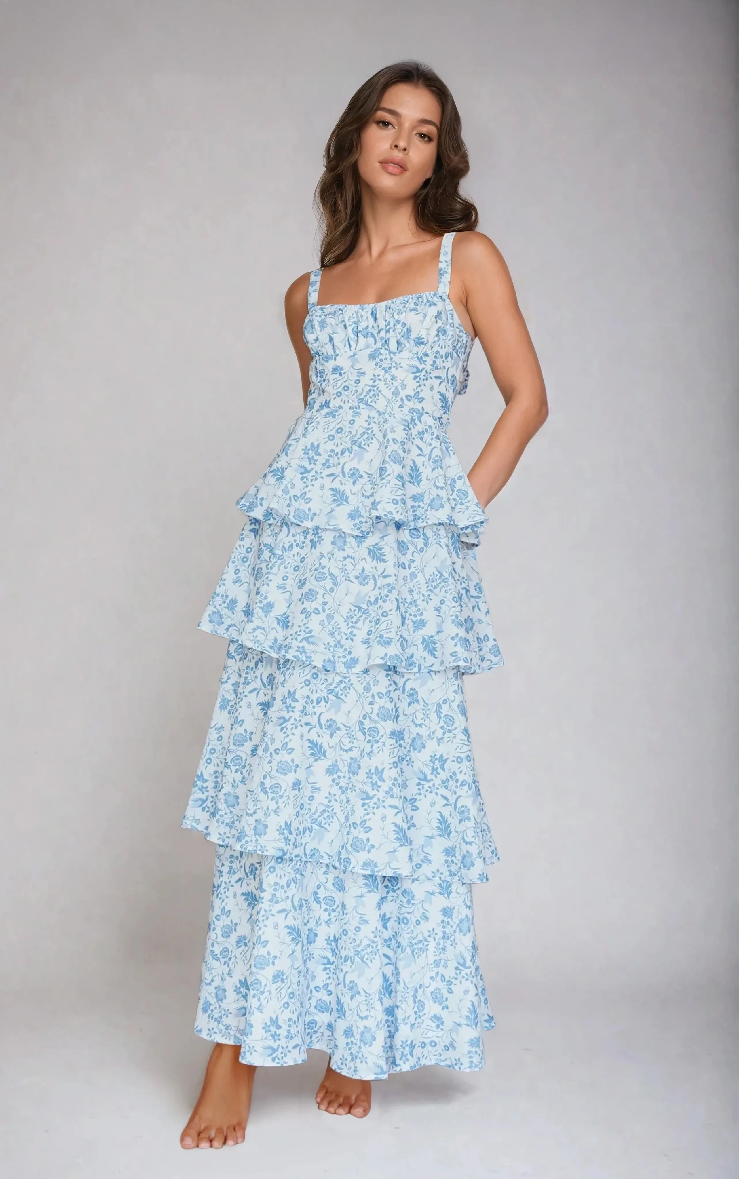 Robe Midi À Volants Provence Bloom Fleurie Bleue