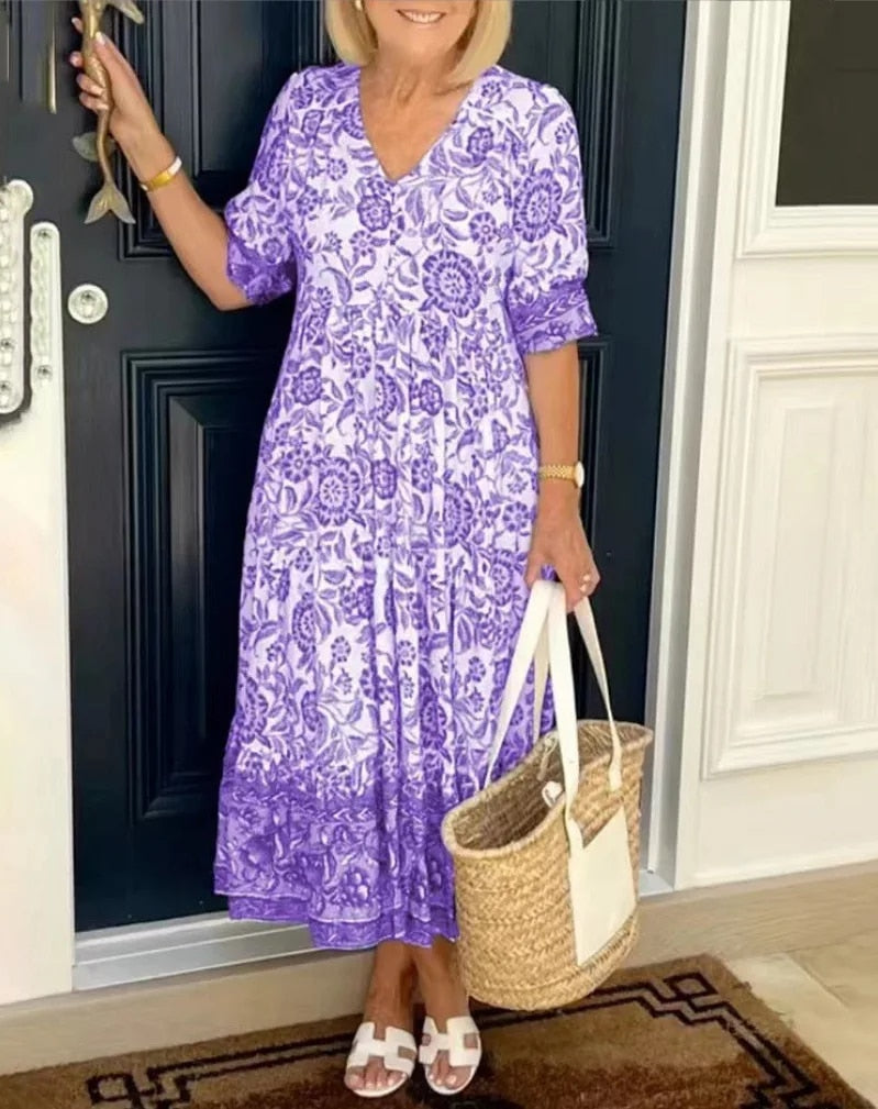 CATHY - Robe Florale Élégante avec Décolleté en V