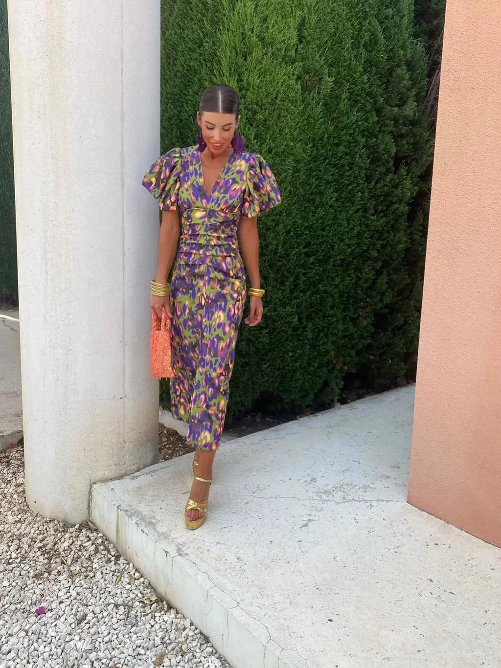Aurora™ | Robe Midi Vibrante avec Manches Bouffantes