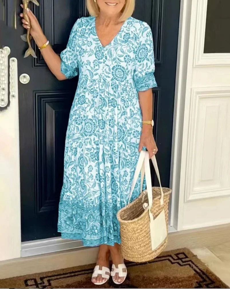 CATHY - Robe Florale Élégante avec Décolleté en V