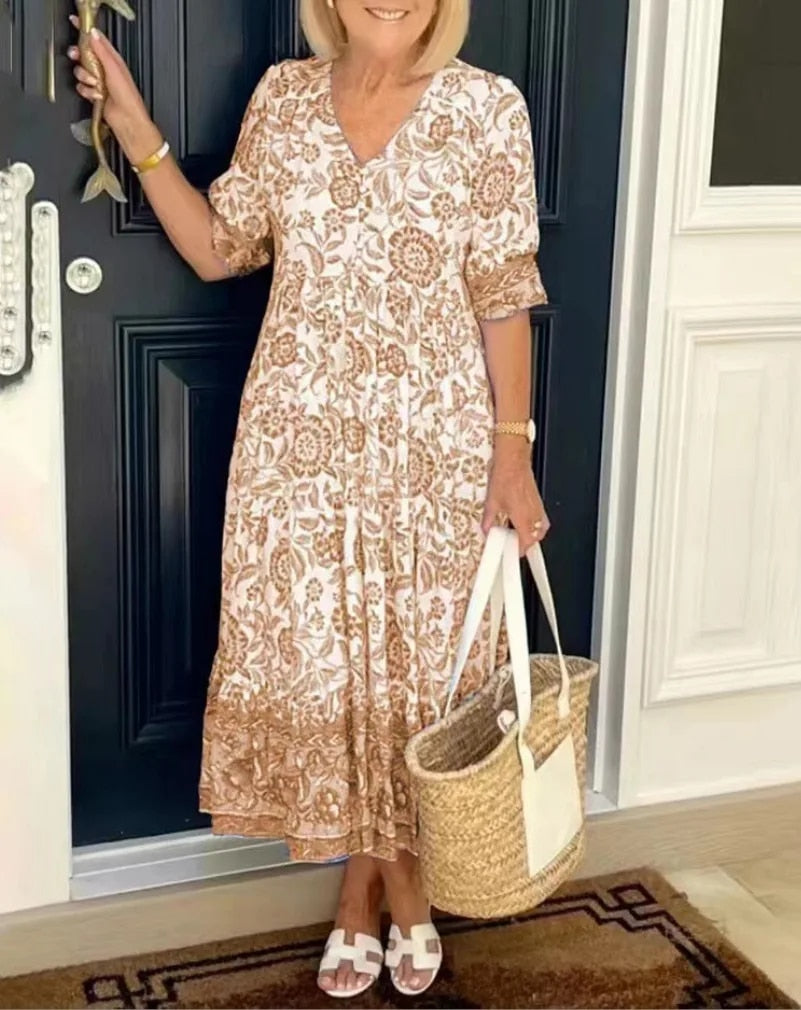CATHY - Robe Florale Élégante avec Décolleté en V