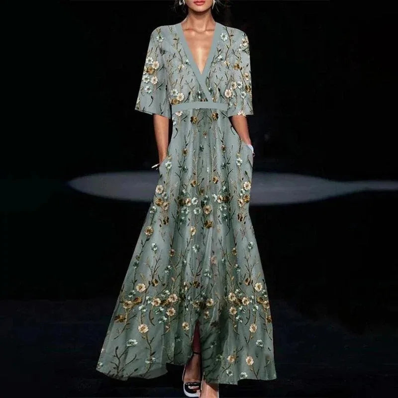 Hazel - Robe Maxi Fleurie à Col V Ceinturée