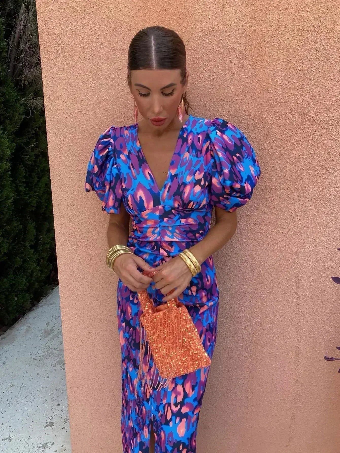 Aurora™ | Robe Midi Vibrante avec Manches Bouffantes