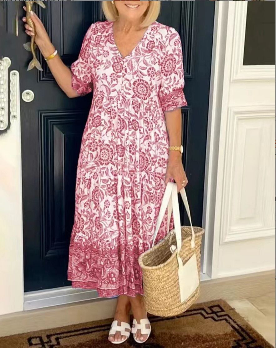CATHY - Robe Florale Élégante avec Décolleté en V