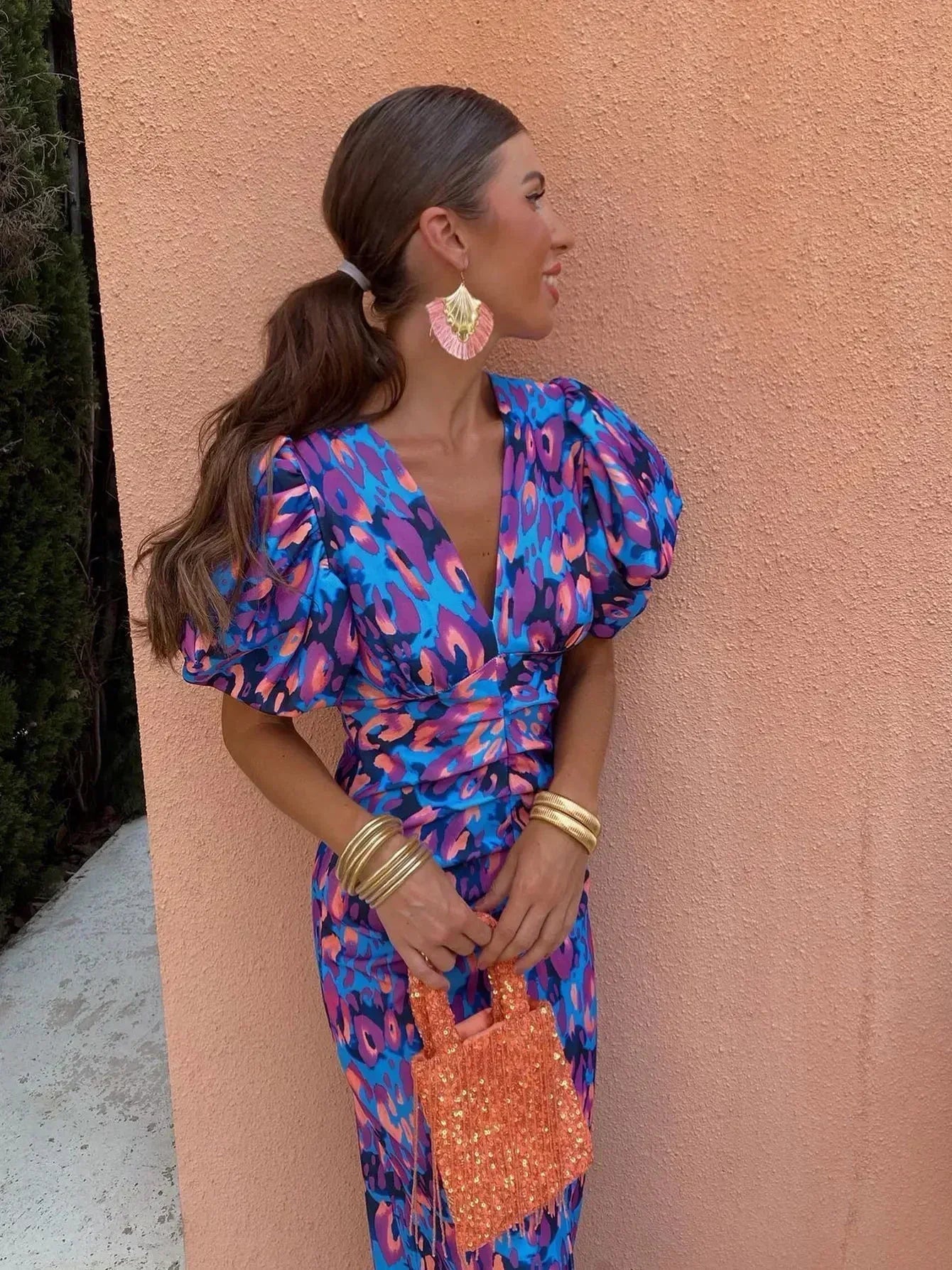 Aurora™ | Robe Midi Vibrante avec Manches Bouffantes