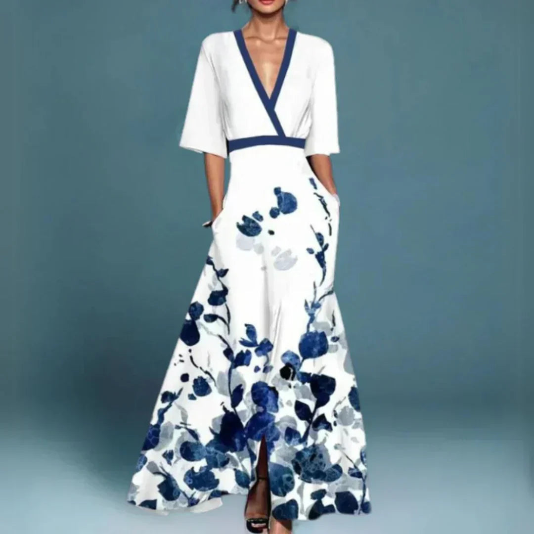 Hazel - Robe Maxi Fleurie à Col V Ceinturée
