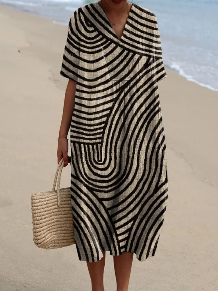 Robe Flottante avec Motif de Lignes Géométriques Fait Main pour Femmes