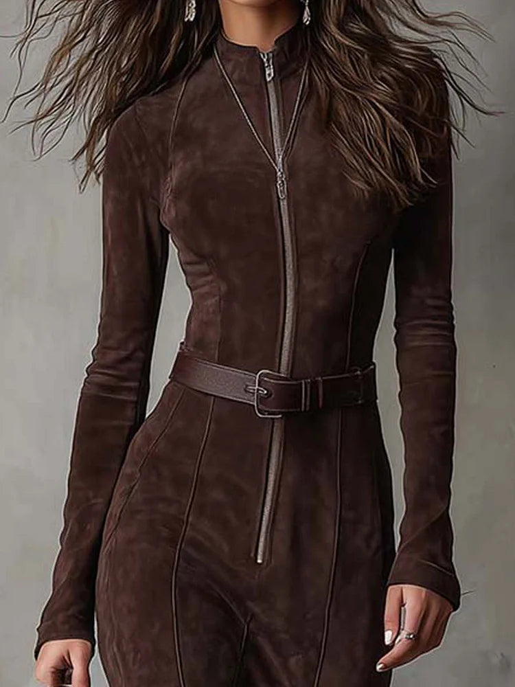 Helen | Robe Maxi Vintage Marron avec Ceinture