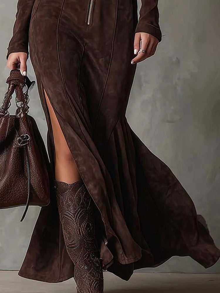 Helen | Robe Maxi Vintage Marron avec Ceinture