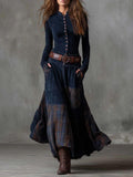 Leonora | Robe Longue Vintage en Velours Bleu Marine à Carreaux (Inclut une Ceinture)