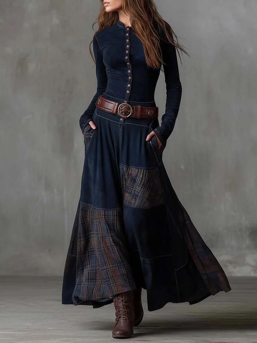 Leonora | Robe Longue Vintage en Velours Bleu Marine à Carreaux (Inclut une Ceinture)
