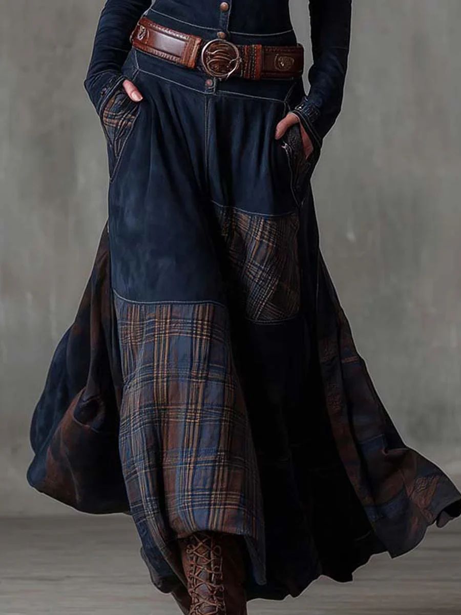 Leonora | Robe Longue Vintage en Velours Bleu Marine à Carreaux (Inclut une Ceinture)