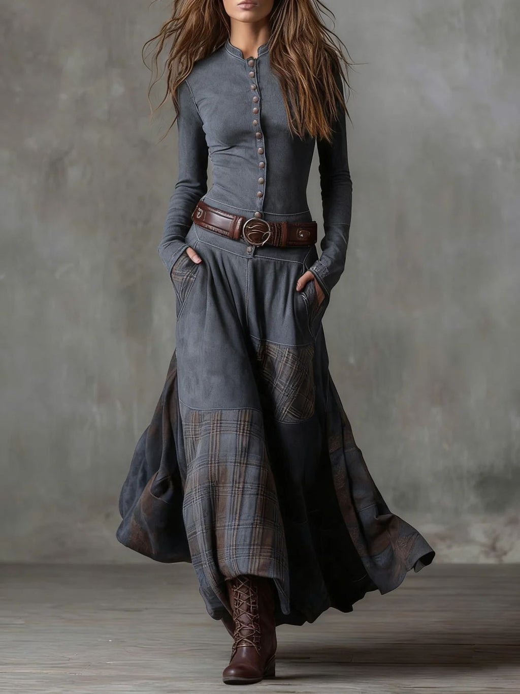 Leonora | Robe Longue Vintage en Velours Bleu Marine à Carreaux (Inclut une Ceinture)