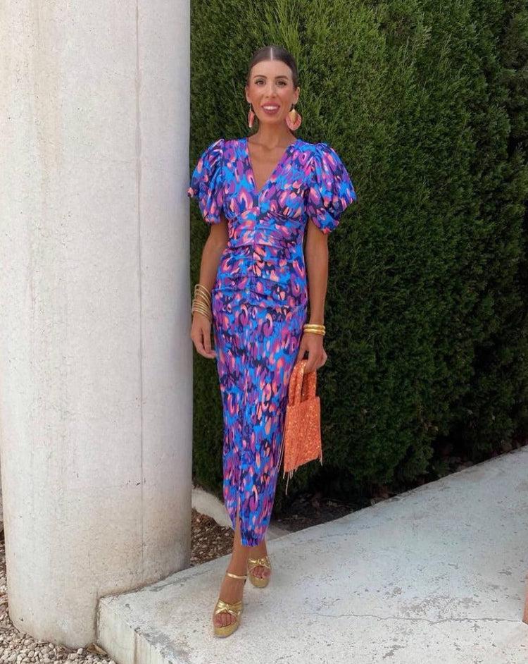 Aurora™ | Robe Midi Vibrante avec Manches Bouffantes