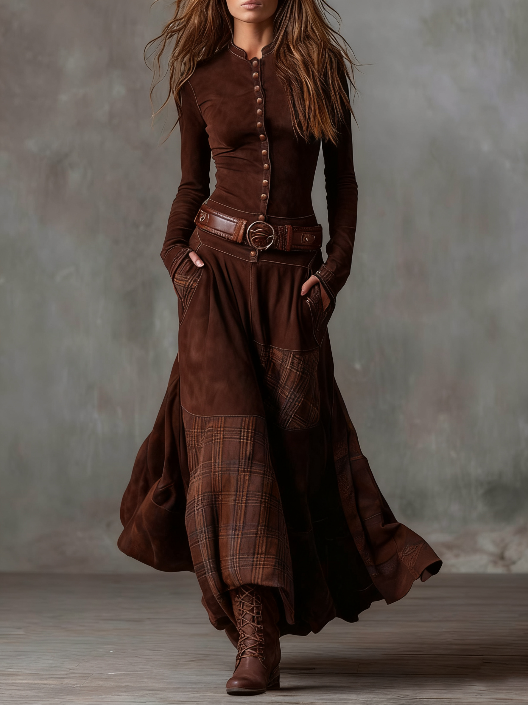 Annalise | Robe Maxi à Carreaux Boutonnée