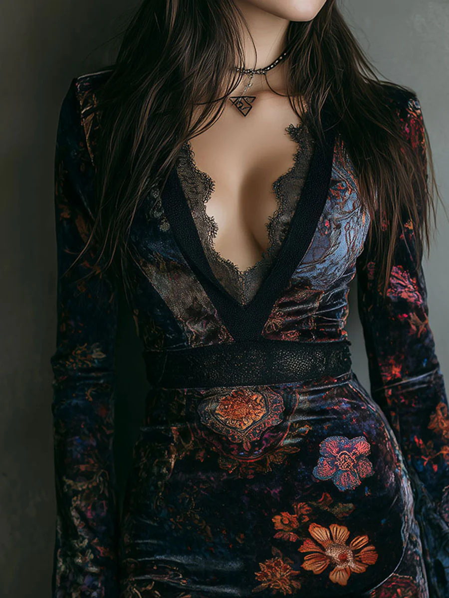 Robe Mini Slim Fit en Velours avec Imprimé Floral et Dentelle au Col en V