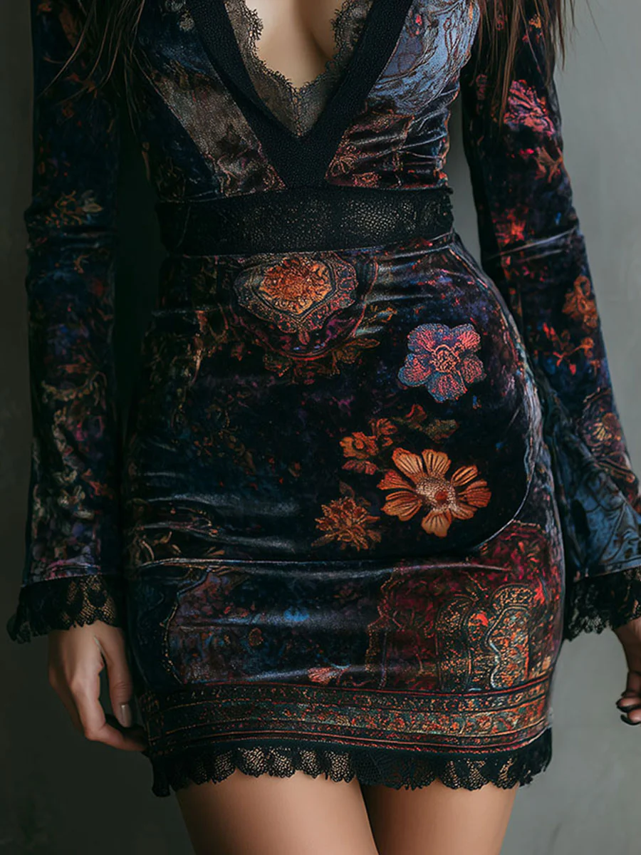 Robe Mini Slim Fit en Velours avec Imprimé Floral et Dentelle au Col en V
