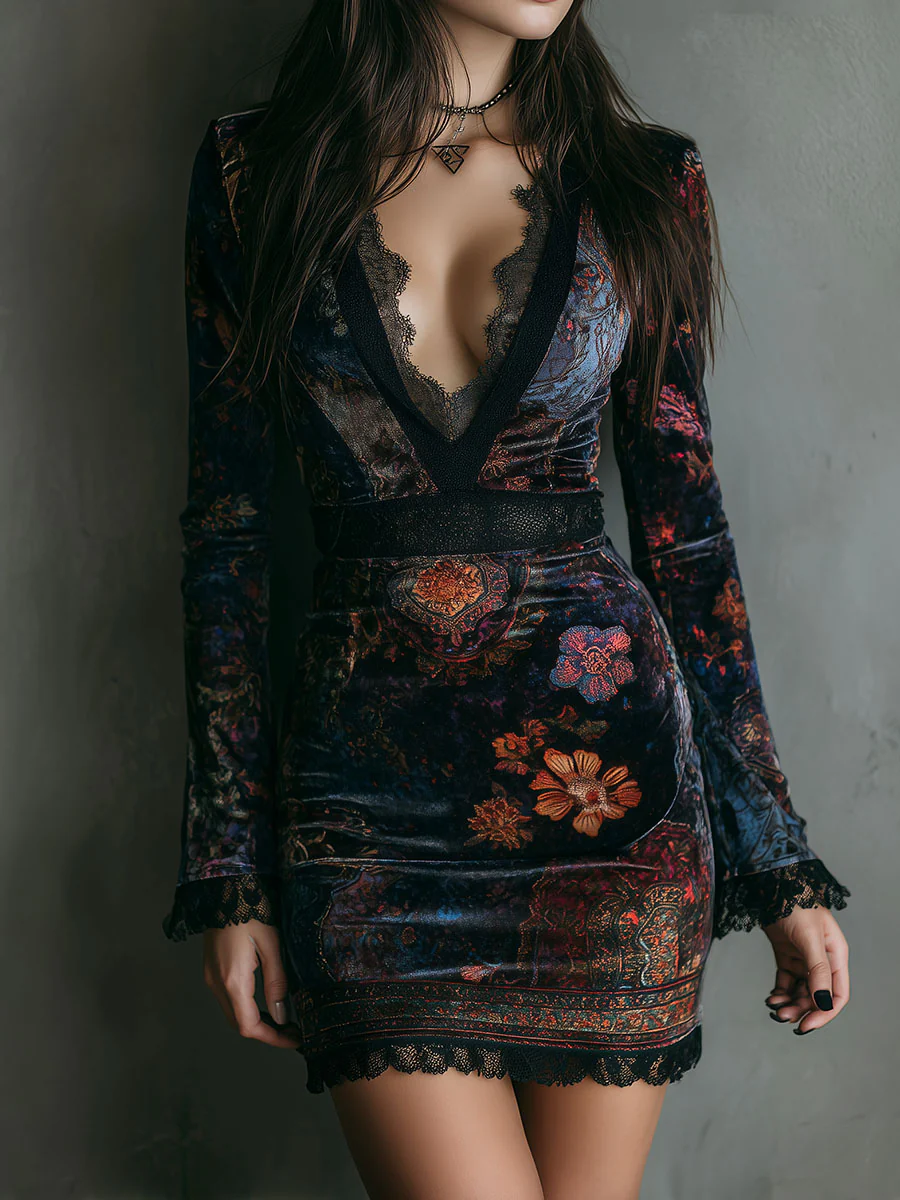 Robe Mini Slim Fit en Velours avec Imprimé Floral et Dentelle au Col en V
