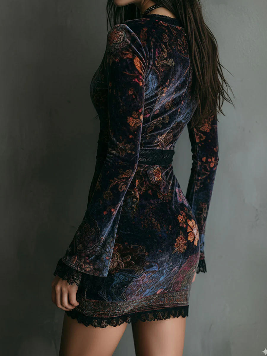 Robe Mini Slim Fit en Velours avec Imprimé Floral et Dentelle au Col en V