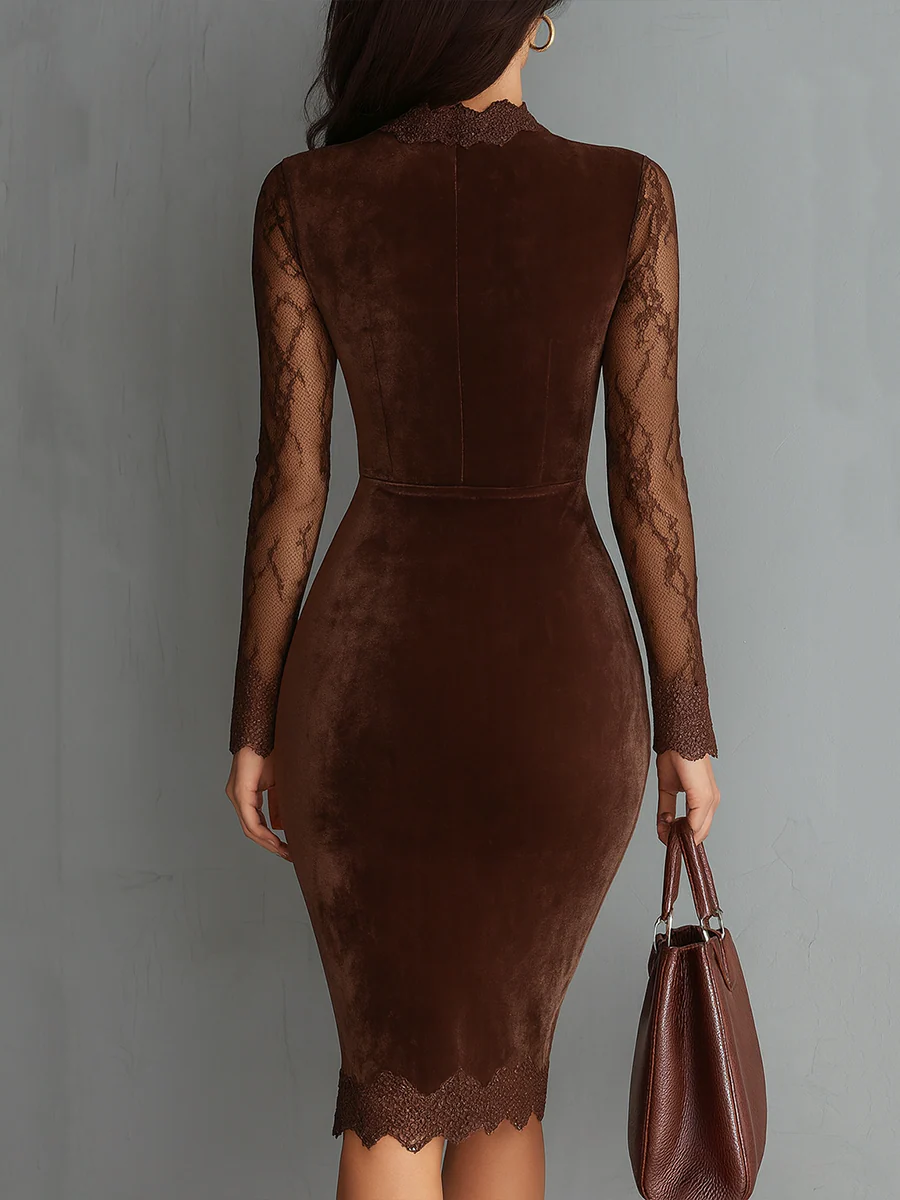 Robe Mini Velours avec Décolleté Keyhole et Manches en Dentelle Vintage Marron
