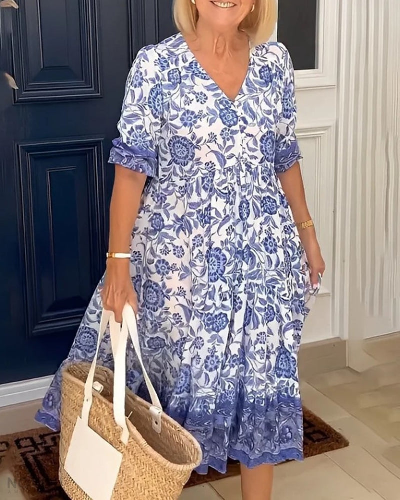 CATHY - Robe Florale Élégante avec Décolleté en V