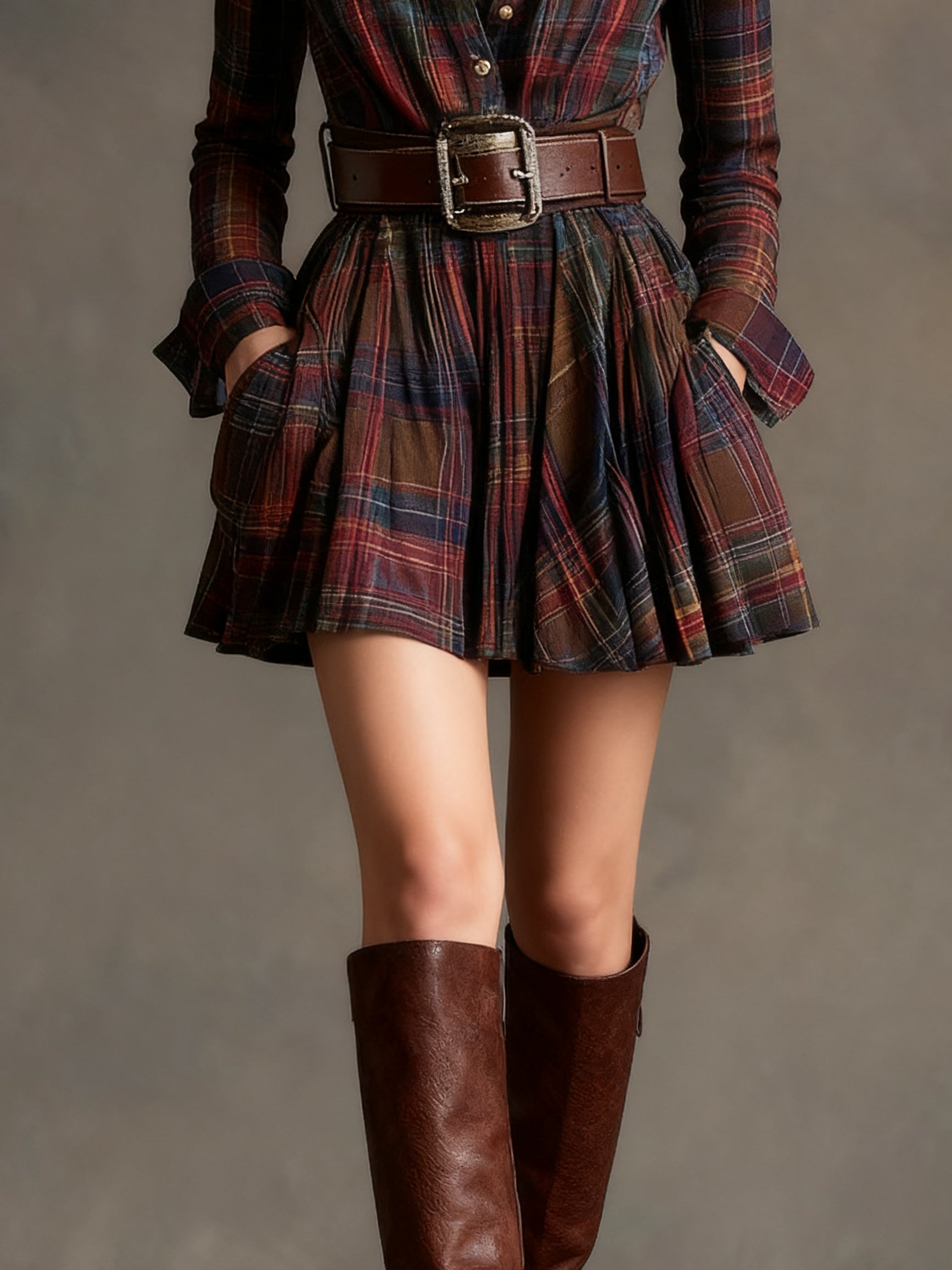 Robe Mini Vintage à Carreaux Rouge et Marron (Inclut une ceinture)