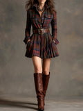 Robe Mini Vintage à Carreaux Rouge et Marron (Inclut une ceinture)
