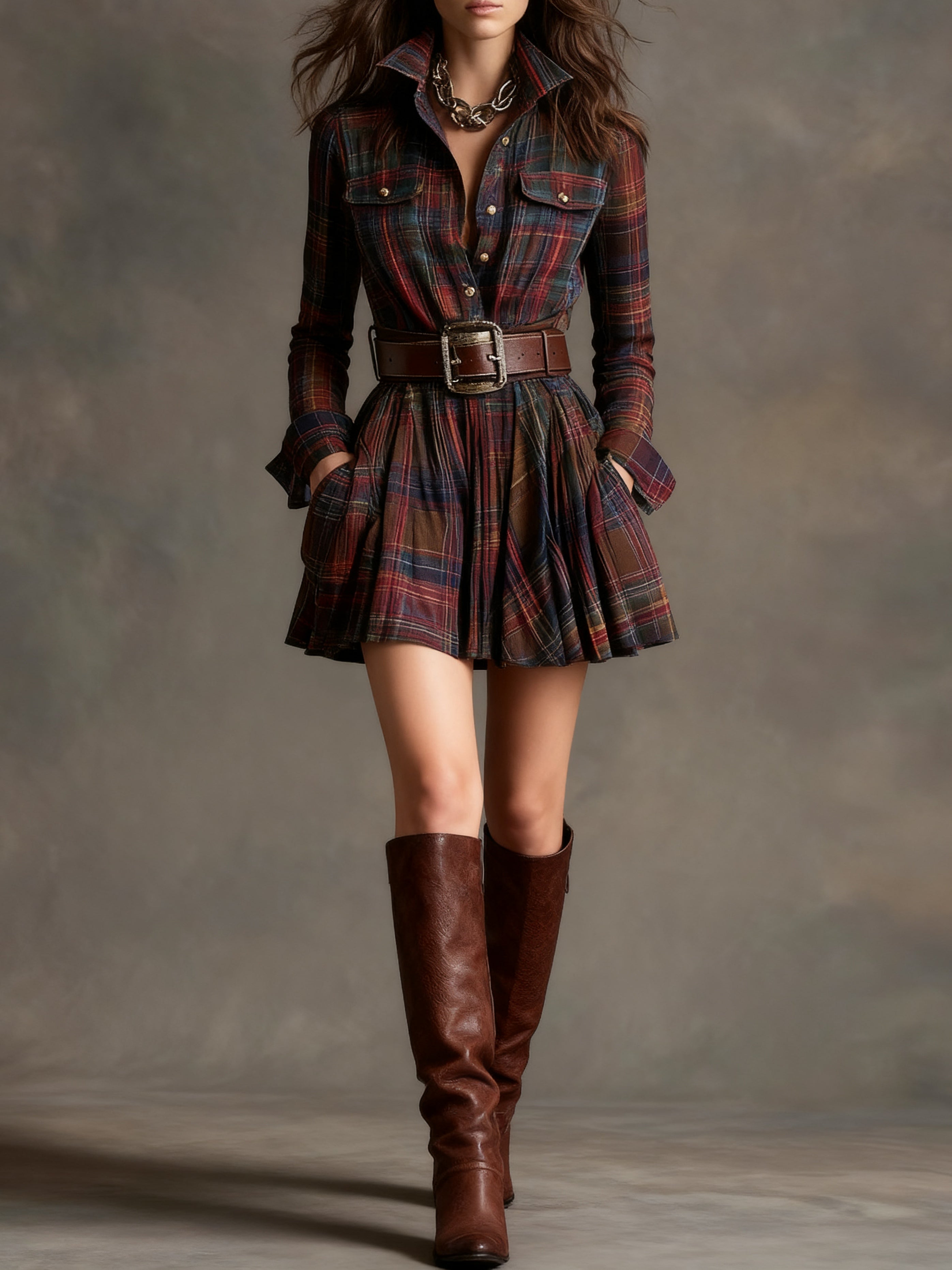 Robe Mini Vintage à Carreaux Rouge et Marron (Inclut une ceinture)