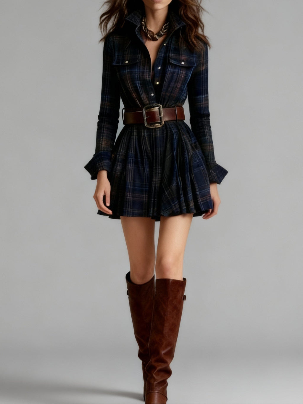 Robe Mini Vintage à Carreaux Rouge et Marron (Inclut une ceinture)