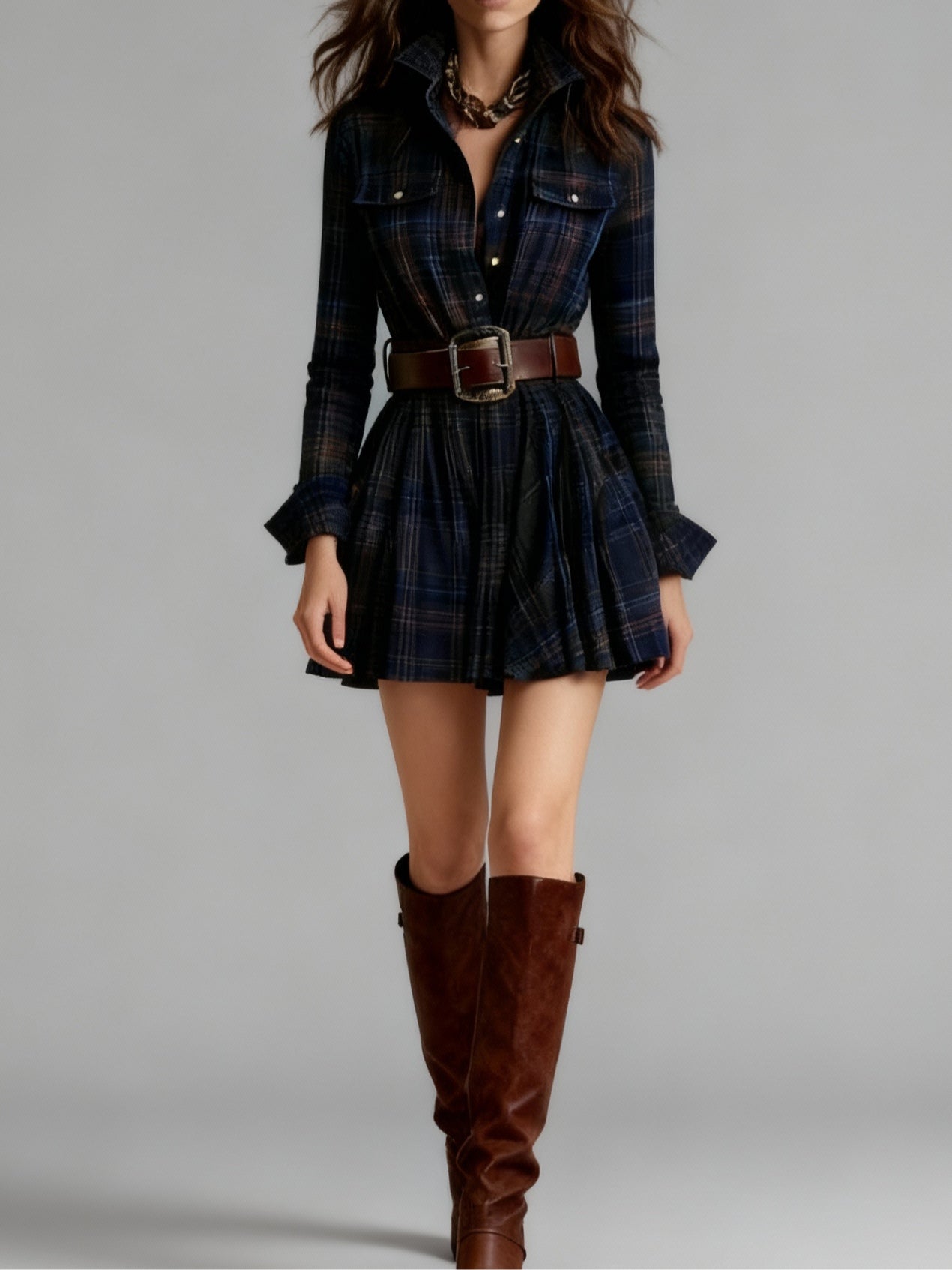 Robe Mini Vintage à Carreaux Rouge et Marron (Inclut une ceinture)